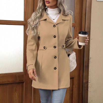 Elegant Single-Breasted Woolen Coat Buttons Lapel Mid-Length Jacket Temperament Commuter Outwear Clothing for Women