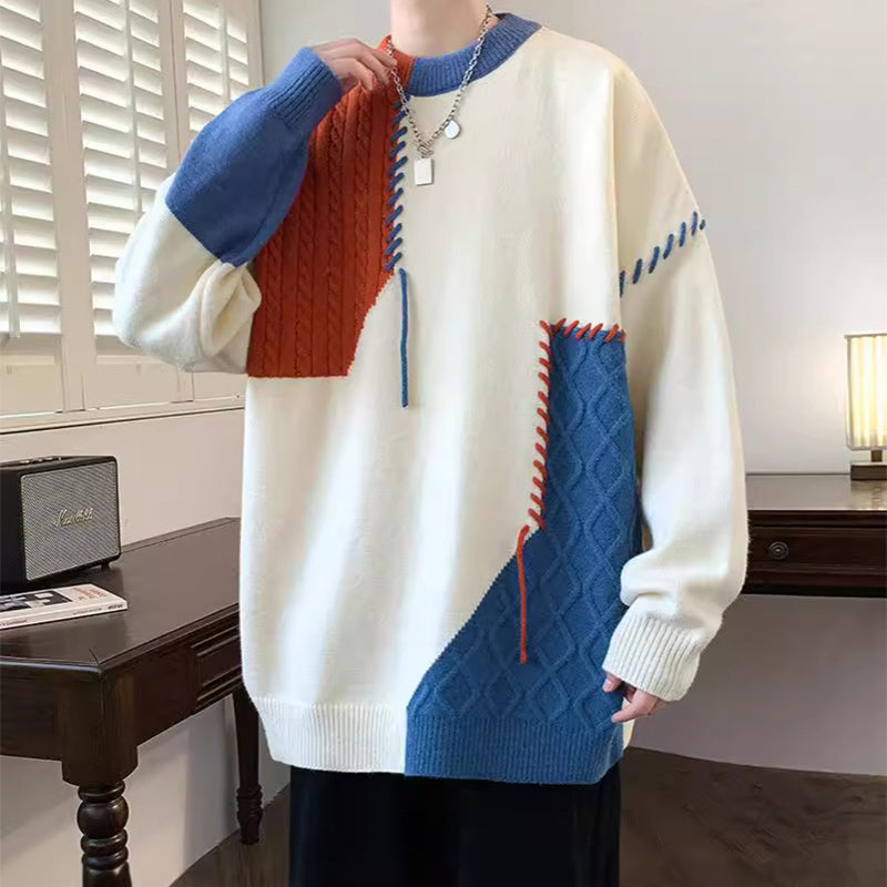 Ins Colorblock Pullover Sweater Winter Fashion Long Sleeve Knitted Top Men'S Clothing
