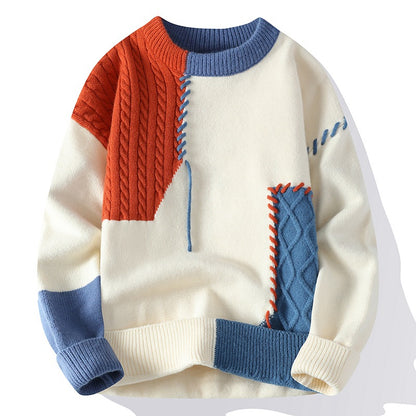Ins Colorblock Pullover Sweater Winter Fashion Long Sleeve Knitted Top Men'S Clothing
