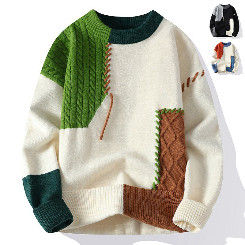 Ins Colorblock Pullover Sweater Winter Fashion Long Sleeve Knitted Top Men'S Clothing
