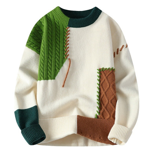 Ins Colorblock Pullover Sweater Winter Fashion Long Sleeve Knitted Top Men'S Clothing