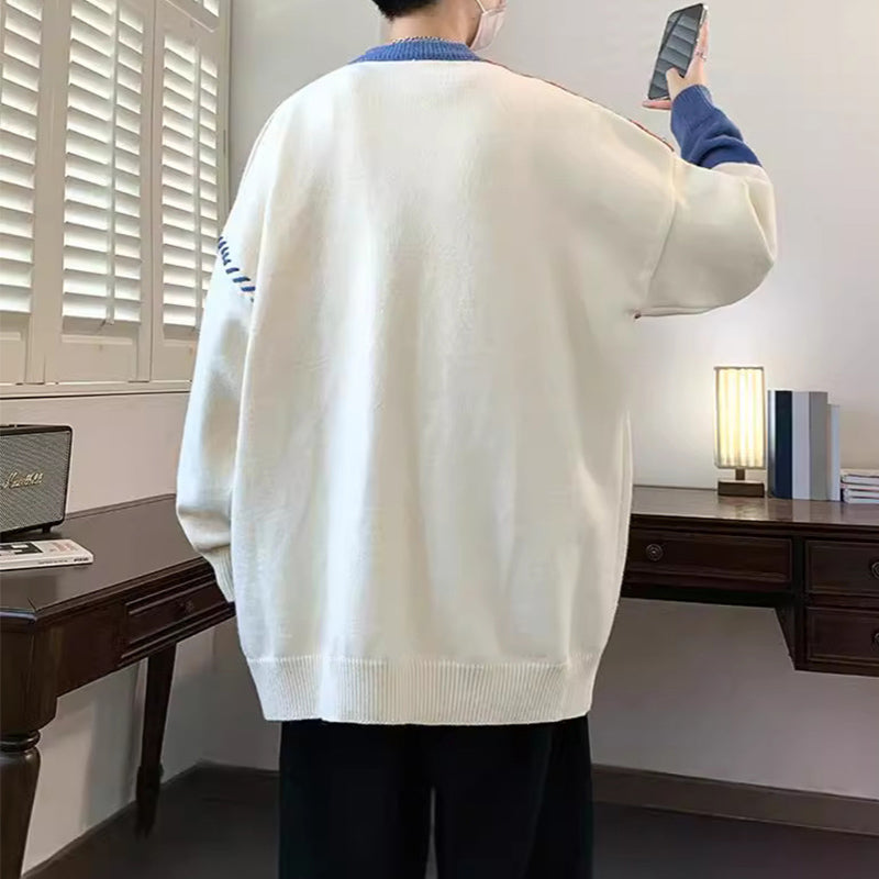 Ins Colorblock Pullover Sweater Winter Fashion Long Sleeve Knitted Top Men'S Clothing